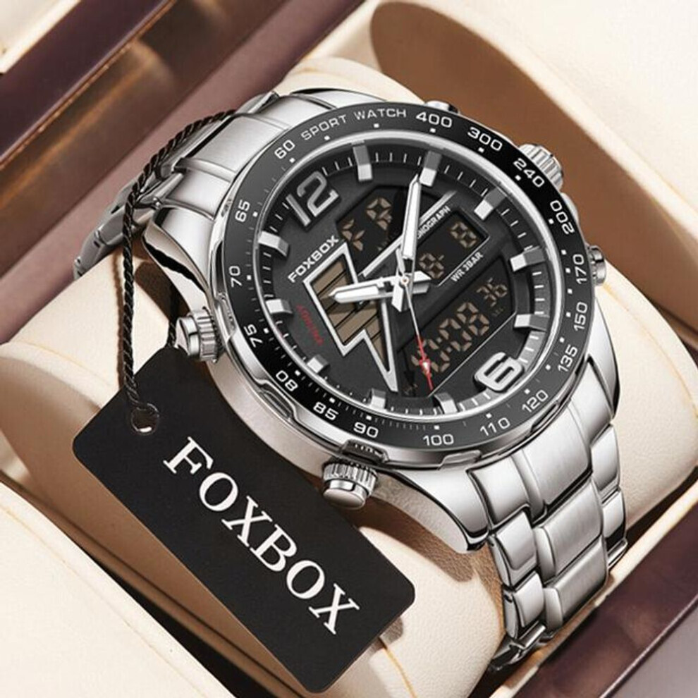 Maxpower (Silver,) Lige Men Sports Watch Luxury Fashion Dual Display Quartz Watch Military Luminous Waterproof Chronograph Watch Black