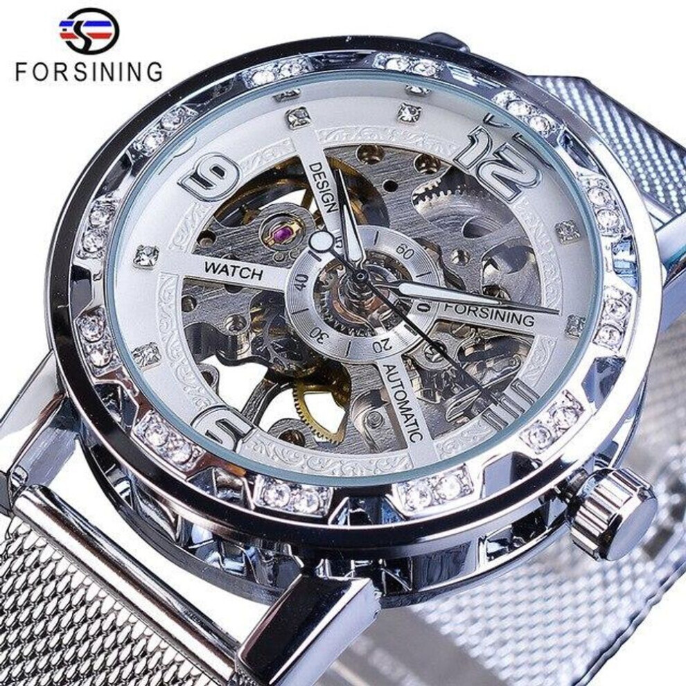 (white) Forsining Golden Skeleton Mechanical Watch Stainless Steel Mesh Band Luminous Hand Men Watches Sport Business Wristwatch
