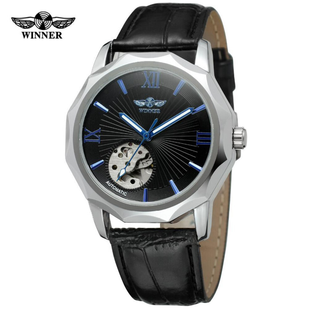 (black) T-winner Men&apos;s Fashion Casual Hollow Out Retro Automatic Mechanical Watch