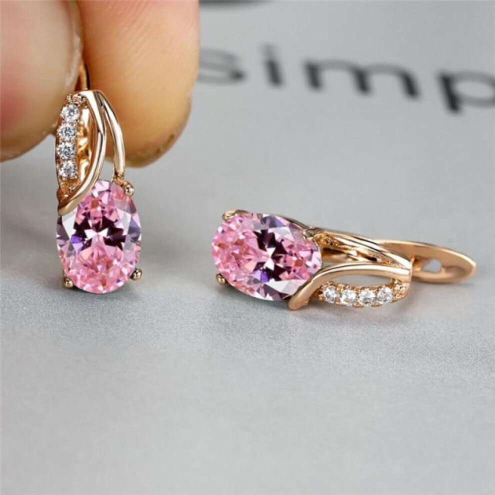 Maxpower (Pink) Aqua Blue Zircon Oval Stone Earrings Multicolor Crystal Hoop Earrings Rose Gold Color Engagement Earrings For Women Boho Jewelry