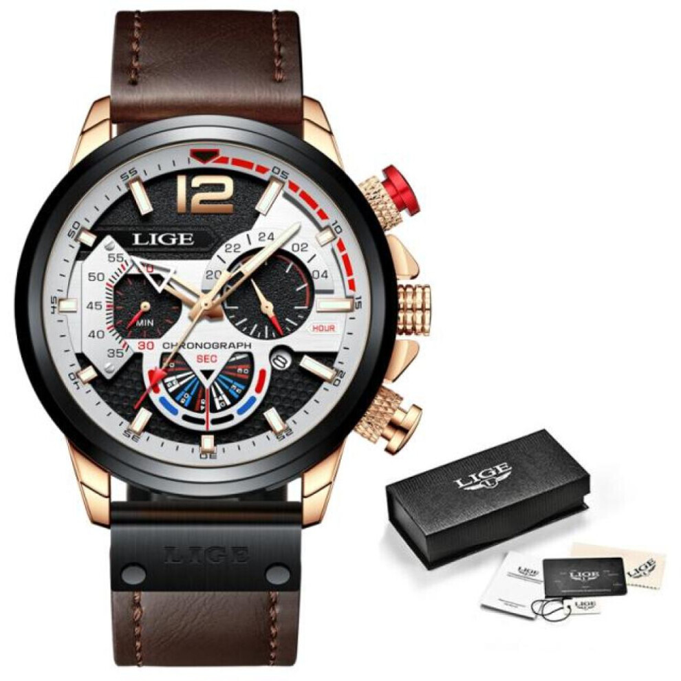 (Gold White) LIGE 2022 New Fashion Mens Leather Quartz Watch For Men Top Brand Luxury Wristwatch Waterproof Sport Clock+Box