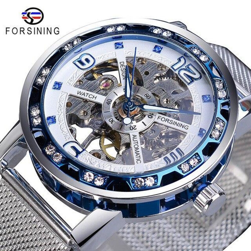 Maxpower (White,Blue) Forsining Golden Skeleton Mechanical Watch Stainless Steel Mesh Band Luminous Hand Men Watches Sport Business Wristwatch