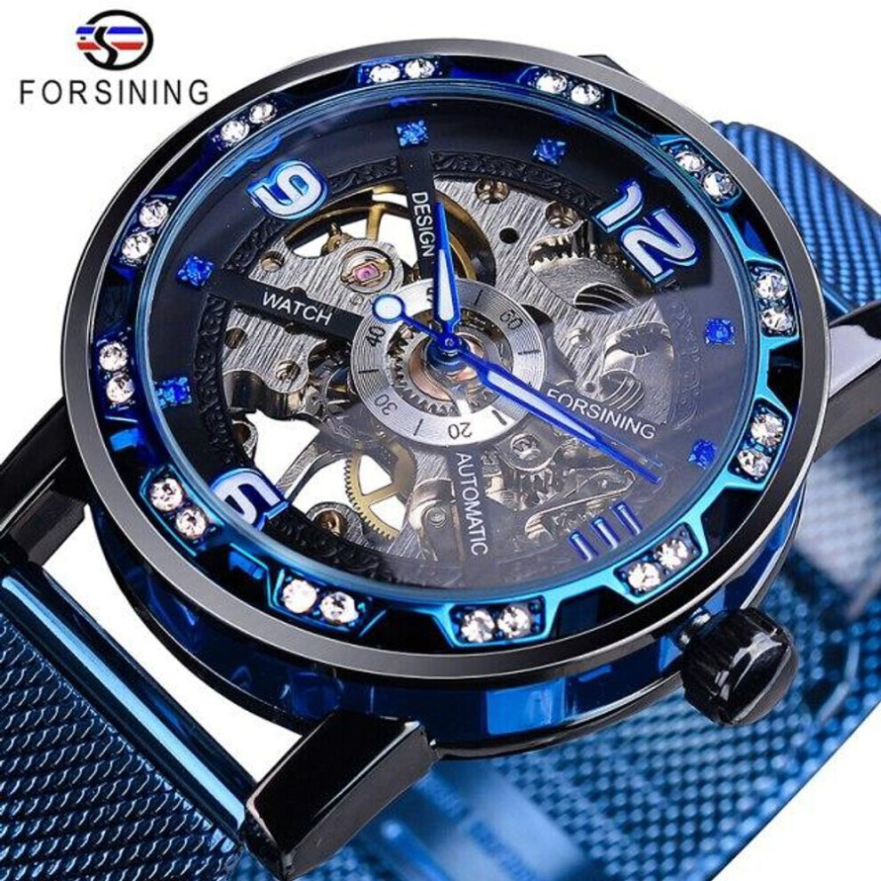 (blue) Forsining Golden Skeleton Mechanical Watch Stainless Steel Mesh Band Luminous Hand Men Watches Sport Business Wristwatch