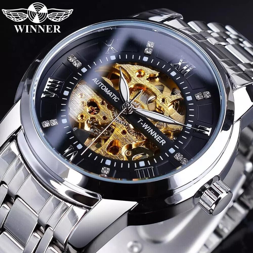 Maxpower (Ivory) Winner Golden Black Diamond Dial Skeleton Stainless Steel Waterproof Luminous Hand Rome Number Men Automatic Mechanical Watch