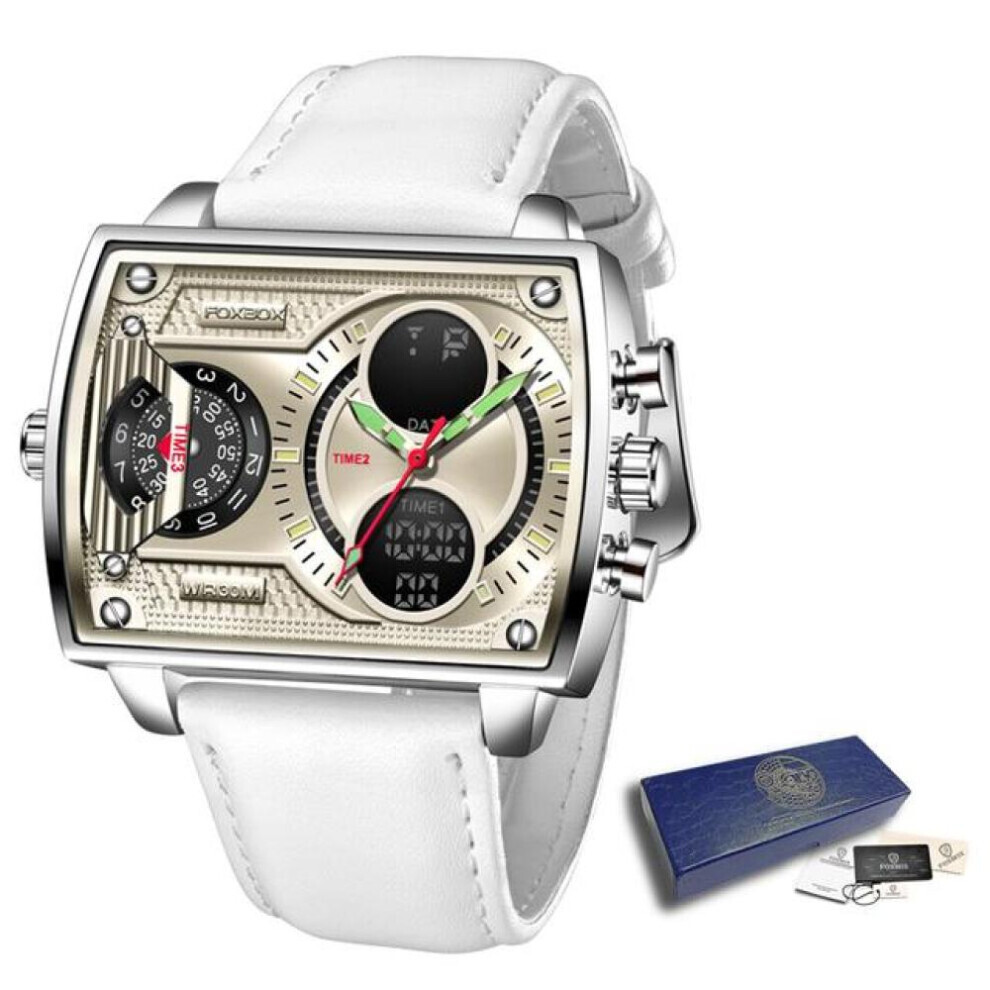 (White) LIGE New Digital Watch Men Sport Wristwatch for Men Square Digital Waterproof Quartz Wristwatch Top Luxury Causal Leather Wristwatch