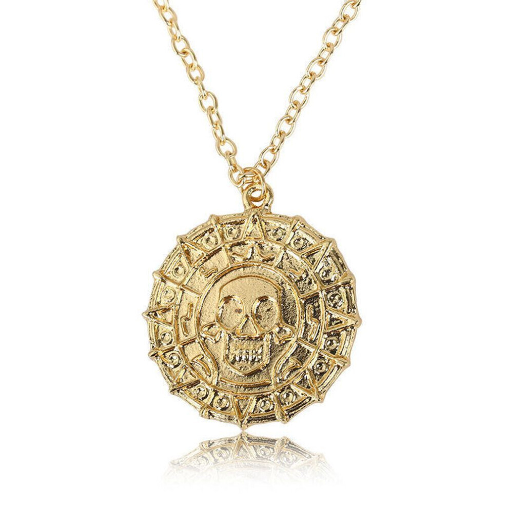 (gold) Punk Necklace Cool Skull Heads Coin  Pendant Necklaces For Men Pirates Of The Caribbean Necklace Vintage Jewelry