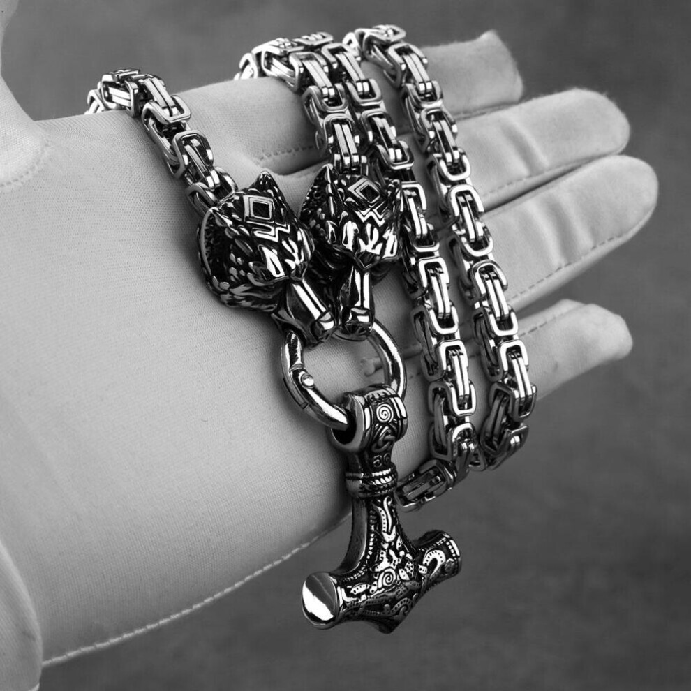 (as the picture, 70cm) Domineering Men&apos;s Thor Hammer Set Pendant Necklace Stainless Steel Nordic Popular Jewelry Wholesale Free Shipping