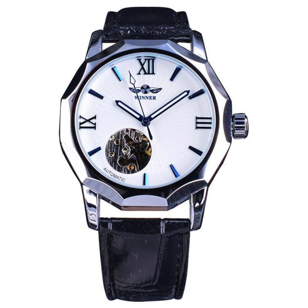 (white) Winner Blue Ocean Geometry Design  Transparent Skeleton Dial Mens Watch Top Brand Luxury Automatic Fashion Mechanical Watch Clock