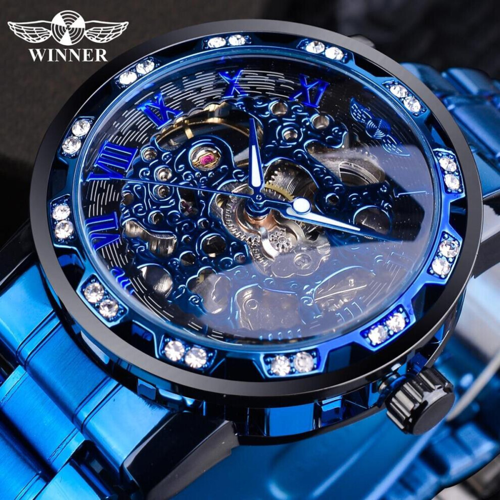 (navy blue) Winner Transparent Fashion Luminous Gear Movement Royal Design Men Top Brand Luxury Male Mechanical Skeleton Wrist Watch
