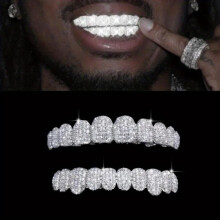 (silver, 1 Set) Hip Hop Cubic Zircon Teeth Grillz Men Women Bling Iced Out Gold Silver Color Top&bottom Tooth Grills Set Cosplay Party Jewelry