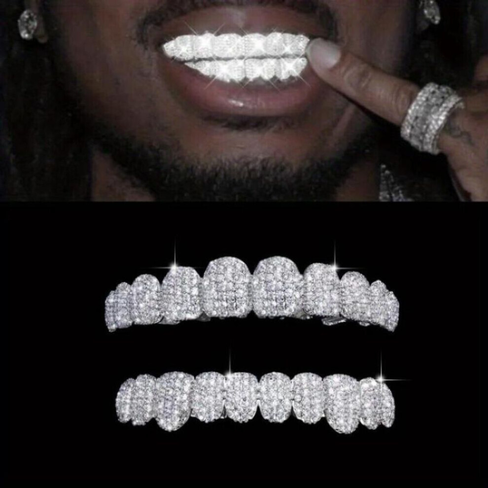 Maxpower (Silver, 1 Set) Hip Hop Cubic Zircon Teeth Grillz Men Women Bling Iced Out Gold Silver Color Top&Bottom Tooth Grills Set Cosplay Party Jewelry