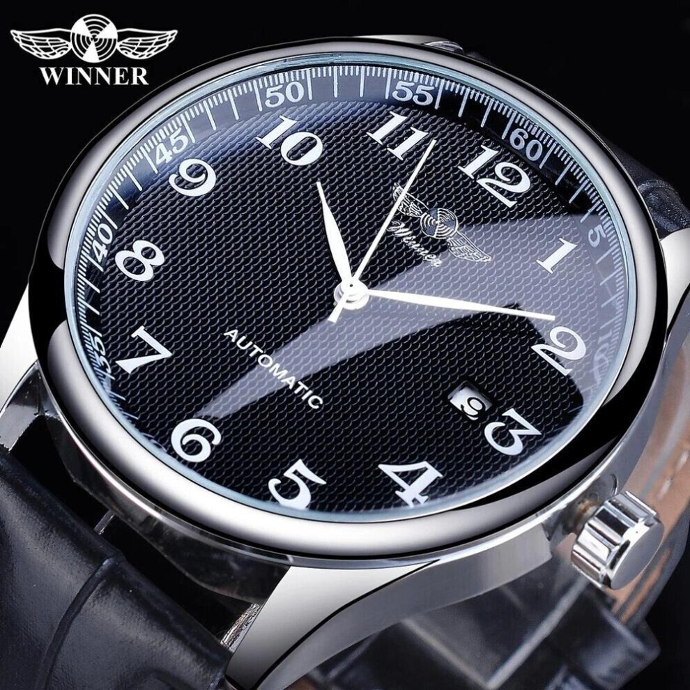 (black, None) Winner Black Date Automatic Watch Leather Band Business Sports Watches Top Brand Luxury Men&apos;s Fashion Casual Mechanical Clock