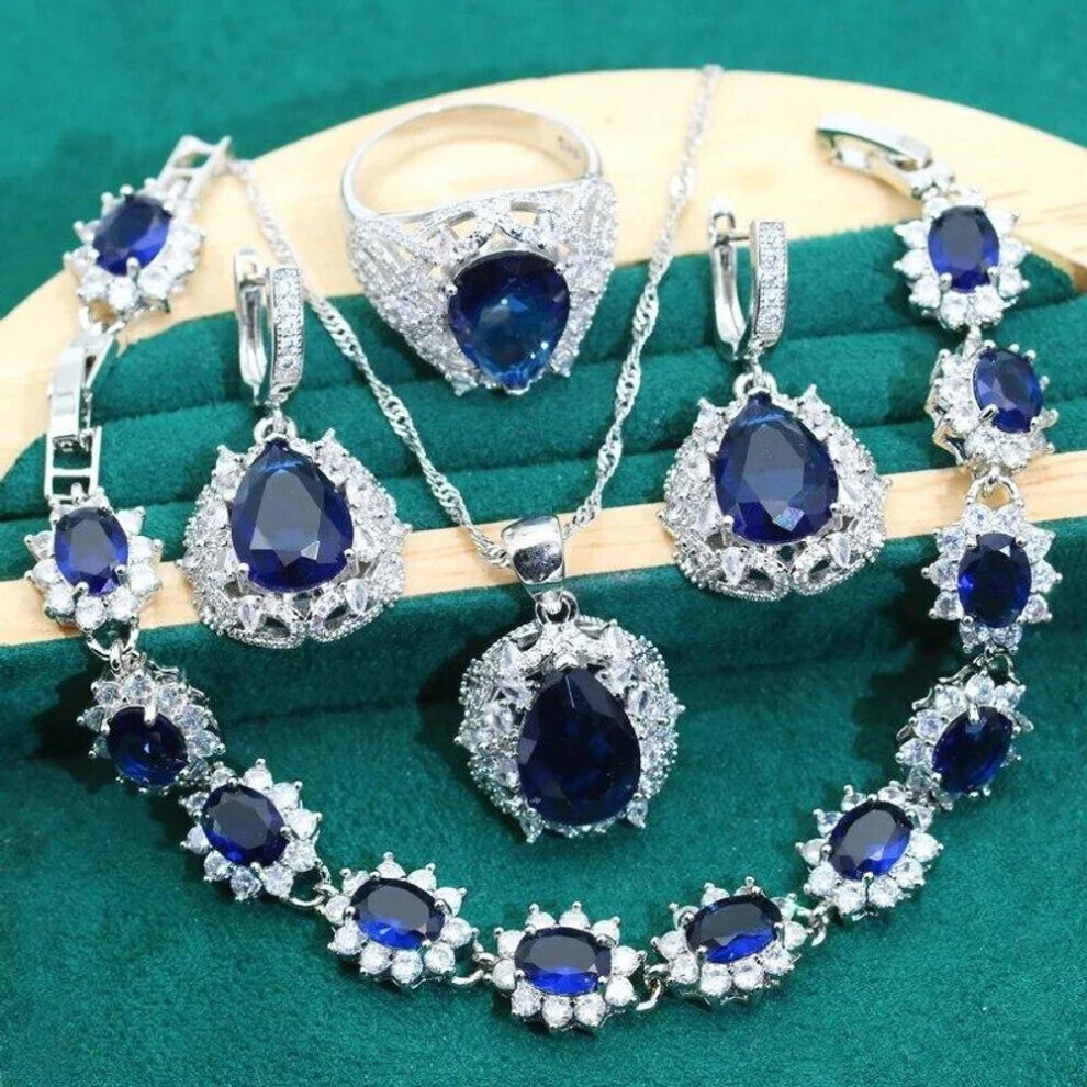 (as the picture, 10) Luxury Elegant Dubai Silver 925 Jewelry Sets Women Wedding Blue Zircon Necklace Earrings Pendant Ring Bracelet