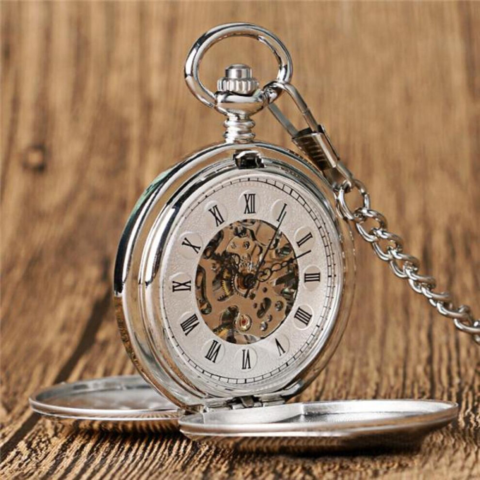 (silver) Vintage Pocket Watches For Men Hollow Gold Color Case Pocket Watch With Chain Roman Scale Mechanical Autoamtic Movement Necklace Pendant Mens Clock