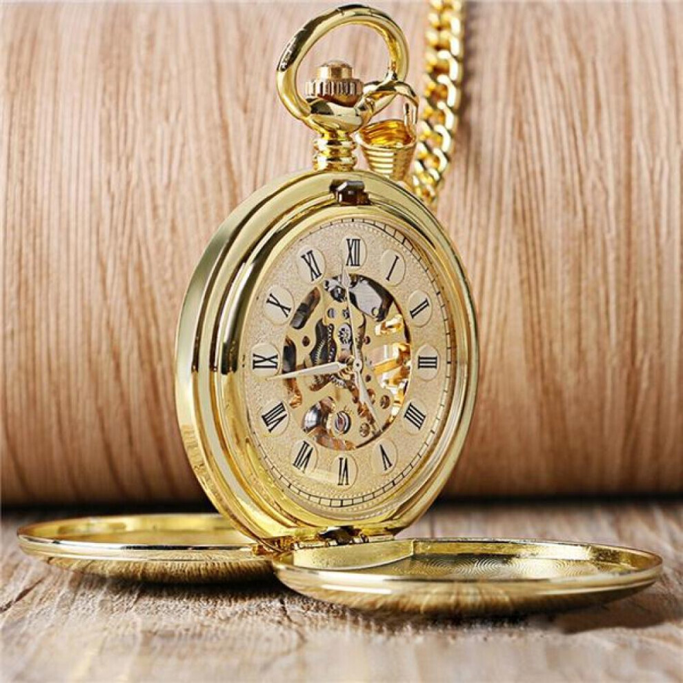 (gold) Vintage Pocket Watches For Men Hollow Gold Color Case Pocket Watch With Chain Roman Scale Mechanical Autoamtic Movement Necklace Pendant Mens Clock