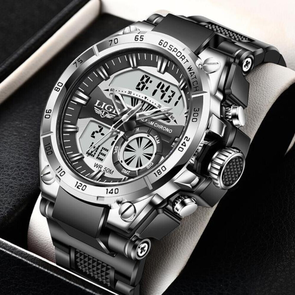 (Silver) LIGE Menâs Watches Top Brand Big Sport Watch Luxury Men Military Silicone Quartz Wrist Watches Fashion Chronograph Male Clock
