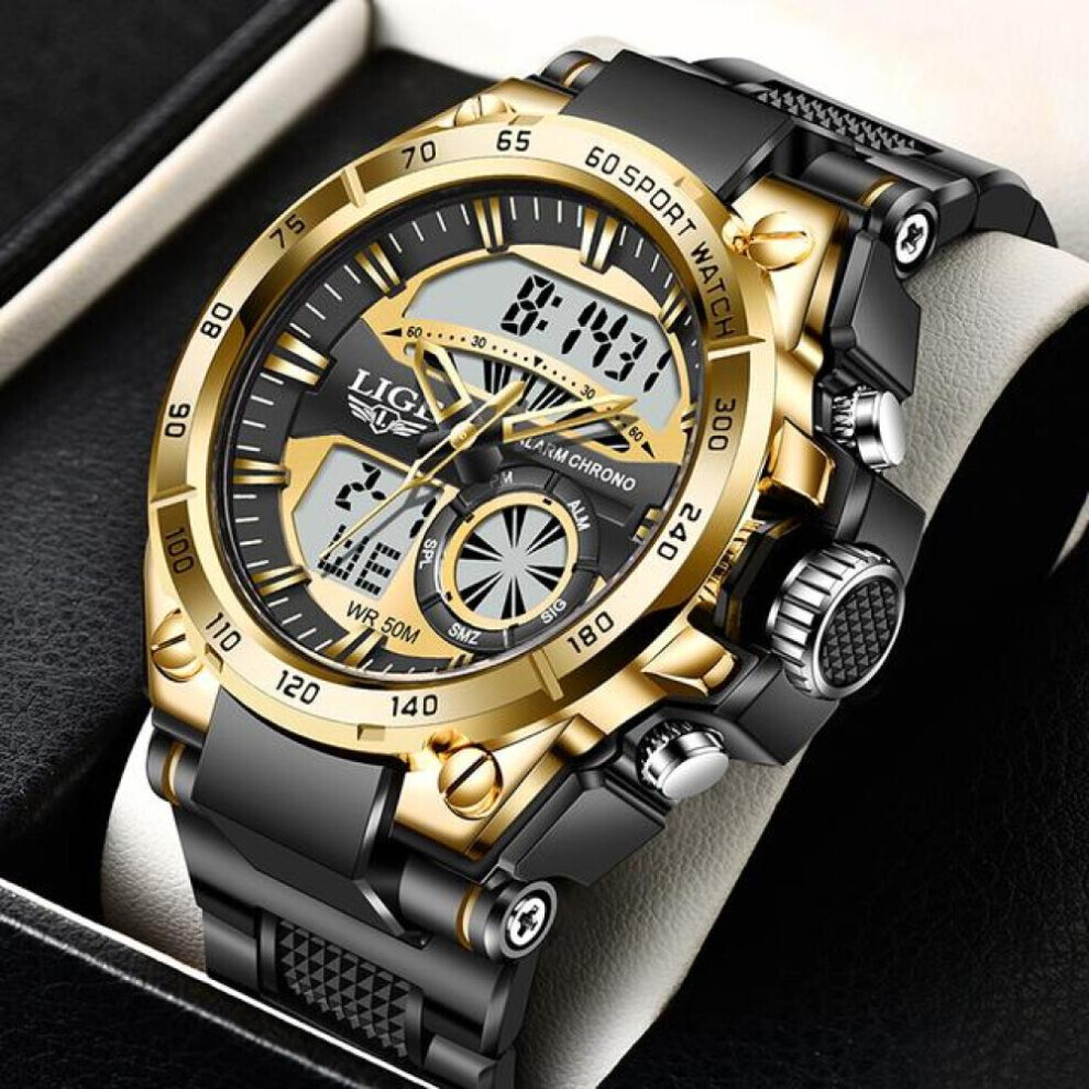(Gold) LIGE Menâs Watches Top Brand Big Sport Watch Luxury Men Military Silicone Quartz Wrist Watches Fashion Chronograph Male Clock