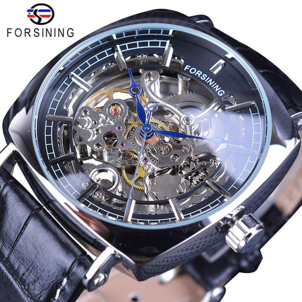 (black) Forsining Leather Strip  Luxury Gold Clock Transparent Skeleton Men Automatic Mechanical Watches