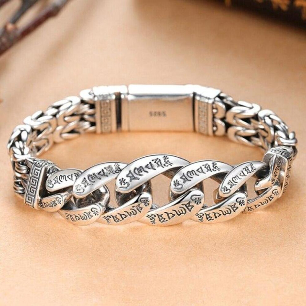 Maxpower (As The Picture, 18Cm) New Jewelry Men's Bracelet Personality Domineering Six-Character Mantra Peace Pattern Chinese Style Retro Chain Silver