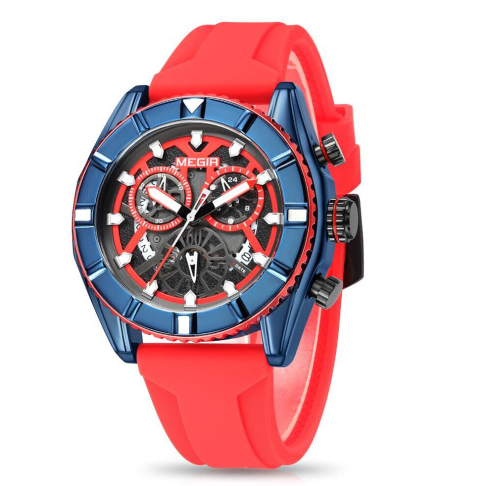 Maxpower (Red) Megir Men's Sports Analog Chronograph Luminous Quartz Watch With Stylish Silicone Strap For Gifts Red