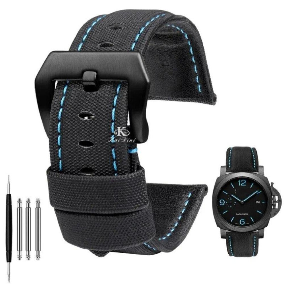 (Black blue black  22mm) 22mm 24mm 26mm Nylon Texture Leather Watchband For Panerai Pam01661 441 Marina Watch Strap Black Blue Line Watch Accessories
