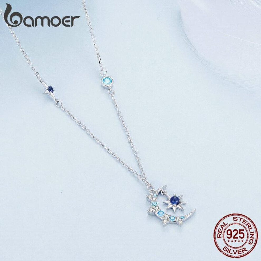 (925 silver) Bamoer 925 Sterling Silver Star And Moon Pendant Necklace Forever Love Neck Chain For Women Valentine&apos;s Day Fine Jewelry Gift