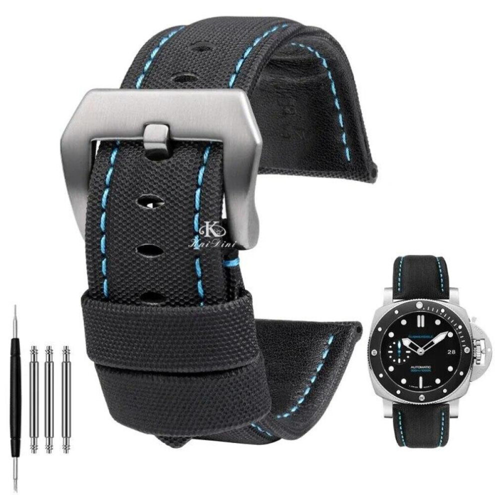 Maxpower (Black Blue Silver 26Mm) 22Mm 24Mm 26Mm Nylon Texture Leather Watchband For Panerai Pam01661 441 Marina Watch Strap Black Blue Line Watch Accessories Blue,Black,Silver