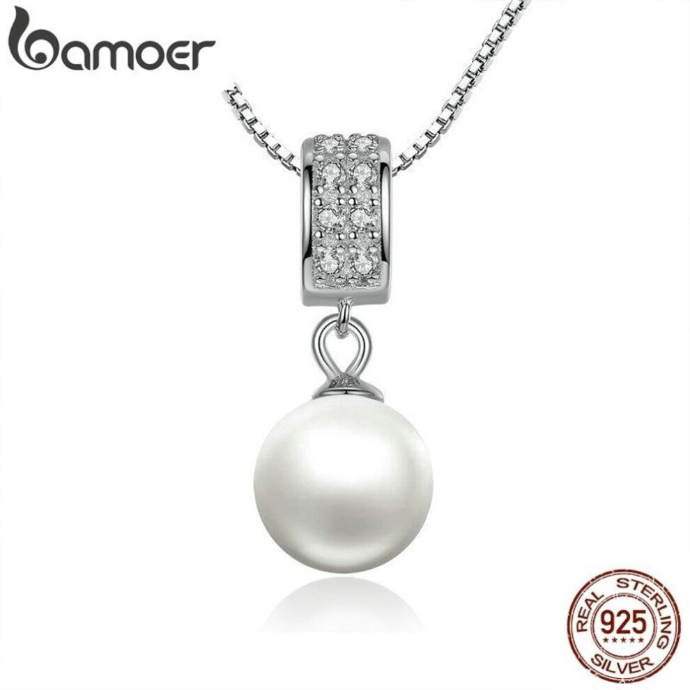 Maxpower (N030) Bamoer 925 Sterling Silver Simulated Pearl Pendant Necklace Long Chain Necklace Jewelry White,Silver