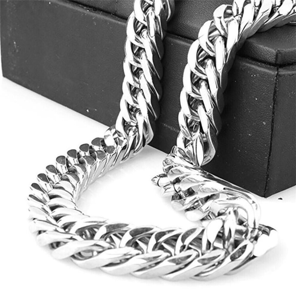 (silver, 16mm) Silver Tone Stainless Steel Men&apos;s Chain Necklace Heavy Huge Jewelry Curb Cuban Chain