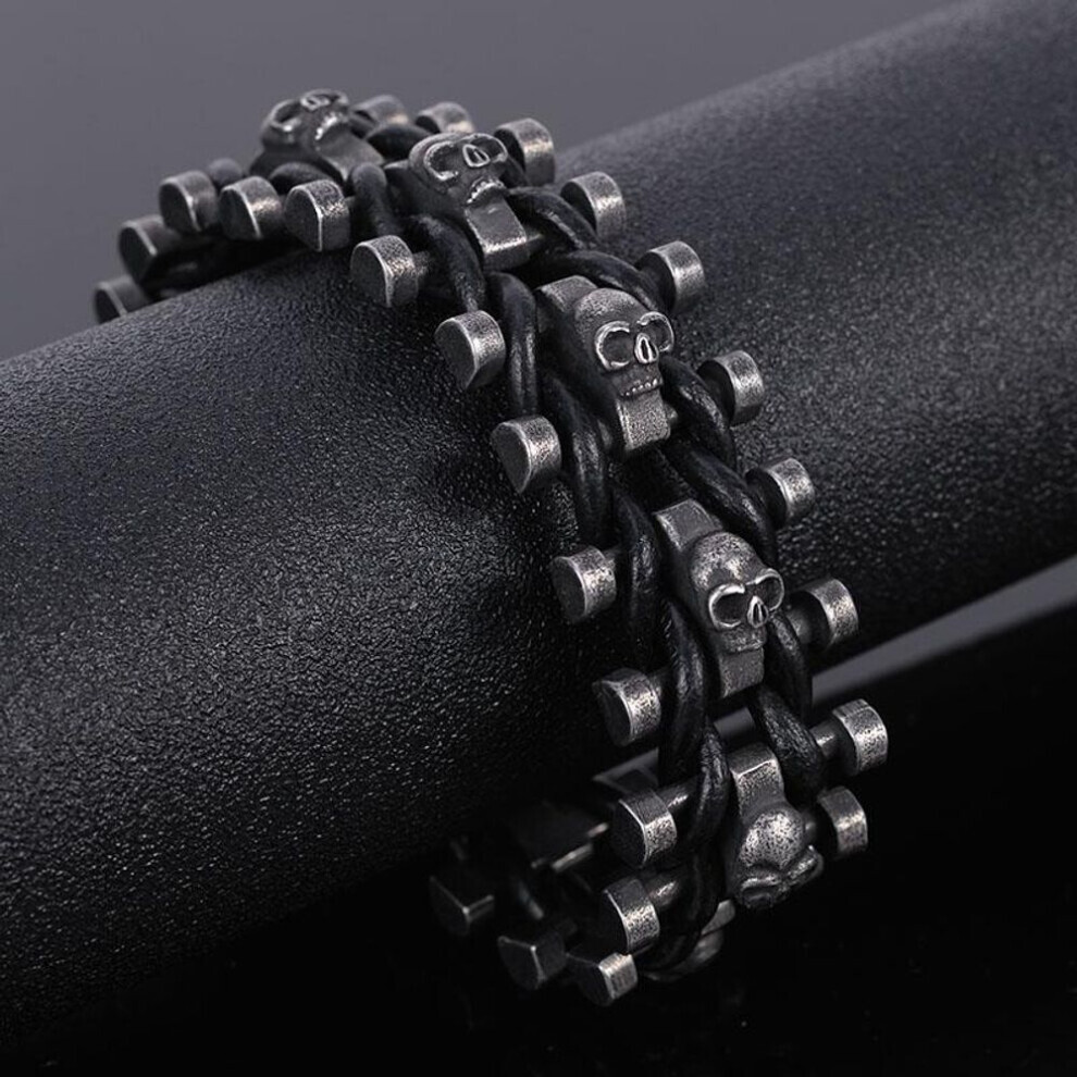 (as the picture, 23.4CM) 25mm Wide Skull Head Bracelet Men Handmade Leather Stainless Steel Men&apos;s Gothic Bracelets With Belt Buckle Mannen Armband Heren