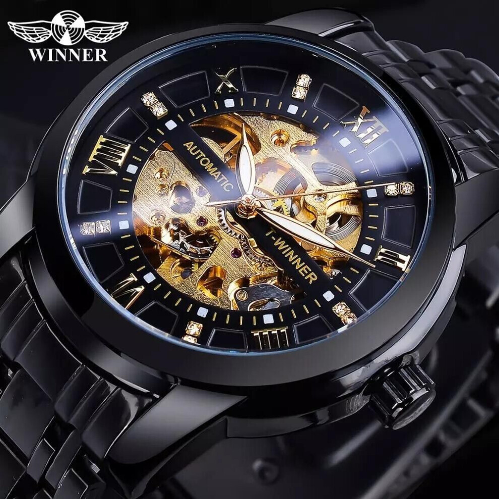 Maxpower (Black) Winner Golden Black Diamond Dial Skeleton Stainless Steel Waterproof Luminous Hand Rome Number Men Automatic Mechanical Watch