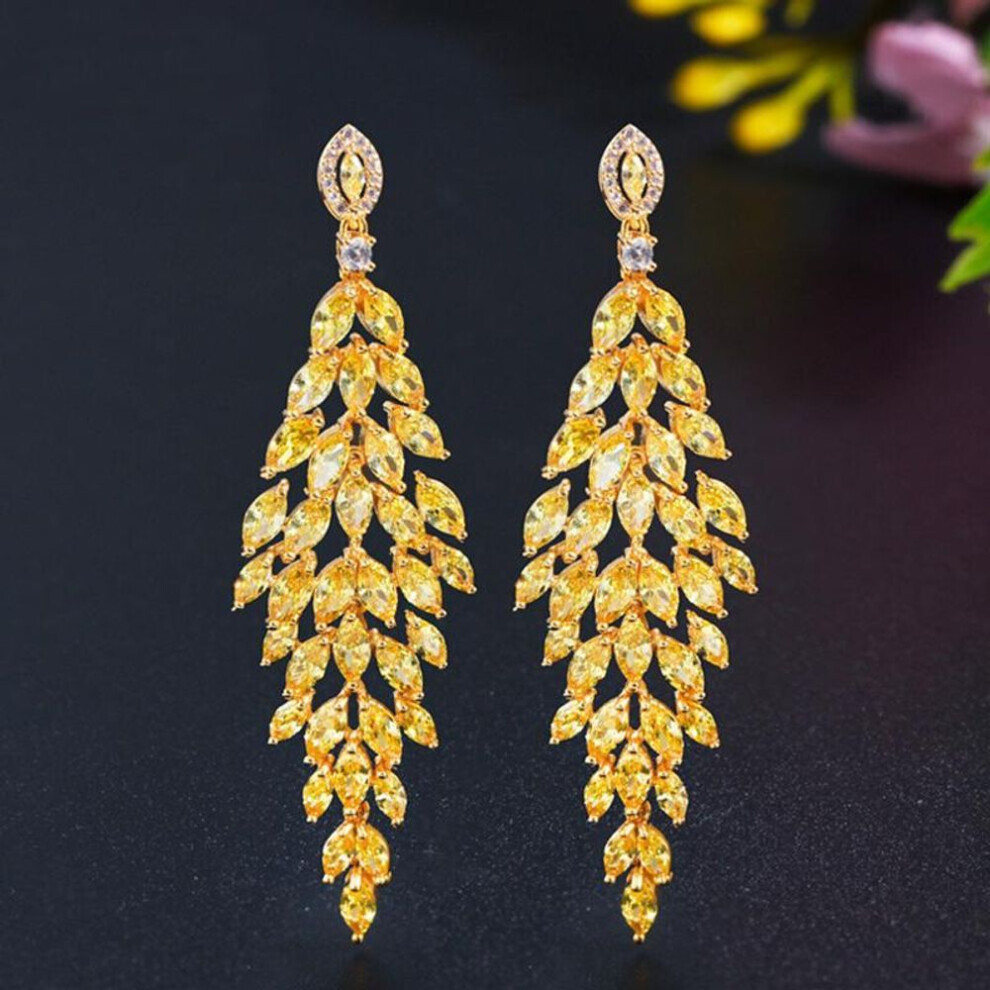(yellow) Wwj Yellow Cubic Zirconia Long Leaf Pin Earrings Dangle Earrings