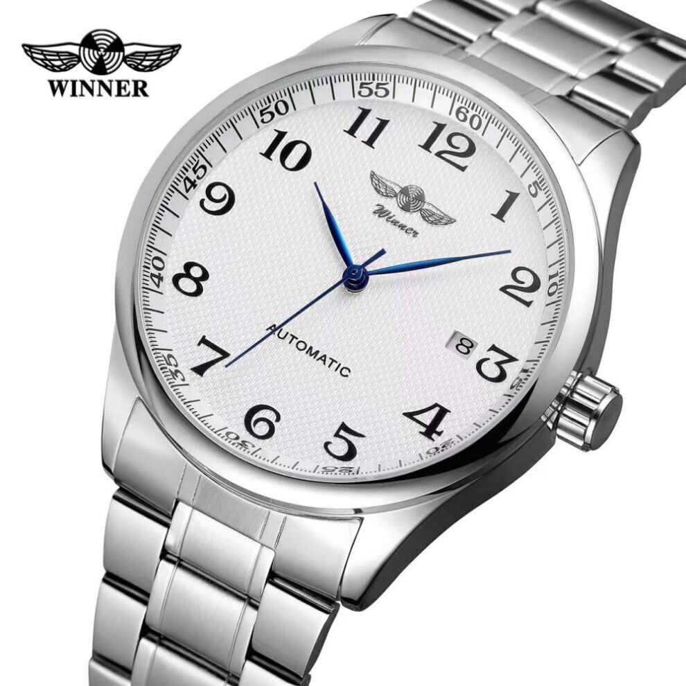 Maxpower (White) Winner New Top Men's Watch Simple Fashion Men's Automatic Mechanical Strap Calendar Silver Stainless Steel Strap Pu Strap