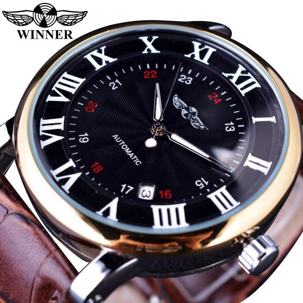 (black) Winner Rome Number Fashion Men Brand Sport Wristwatches Self Wind Automatic Mechanical Calendar Leather Watch Clock