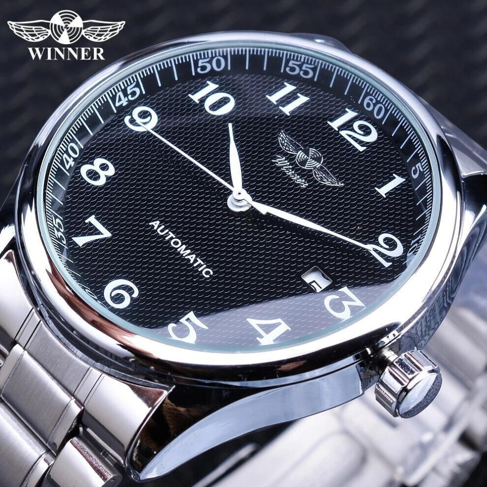 Maxpower (Black) Winner New Top Men's Watch Simple Fashion Men's Automatic Mechanical Strap Calendar Silver Stainless Steel Strap Pu Strap