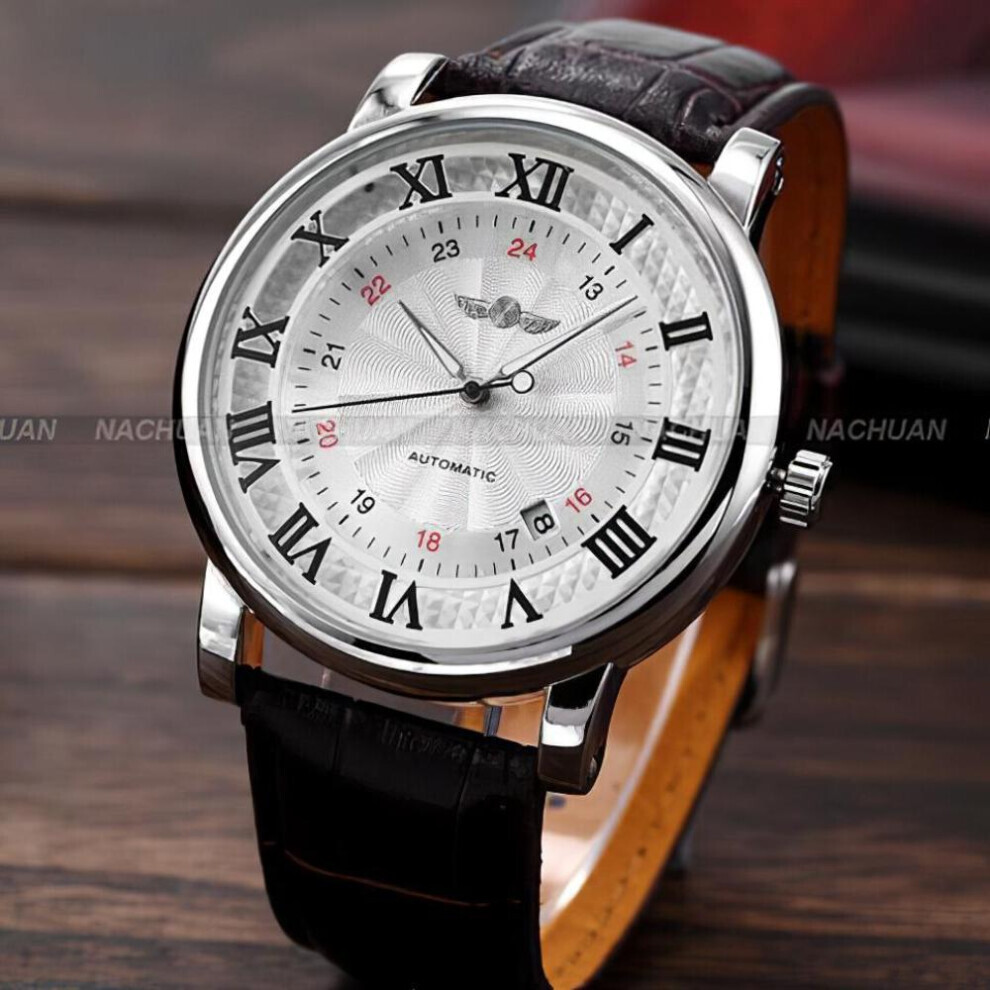 Maxpower (White) Winner Rome Number Fashion Men Brand Sport Wristwatches Self Wind Automatic Mechanical Calendar Leather Watch Clock