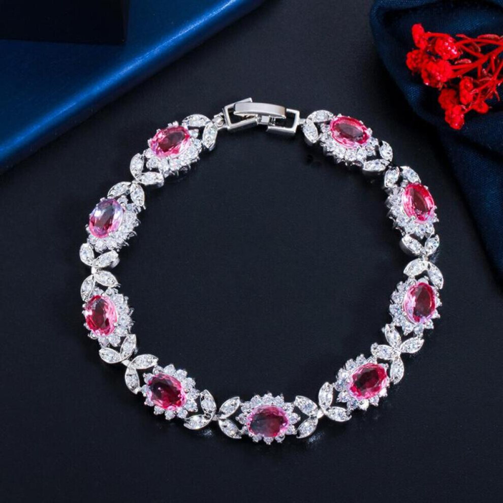 Maxpower (Pink) Wwj Rainbow Mystical Cubic Zirconia Leaf Design Tennis Bracelet For Women Pink