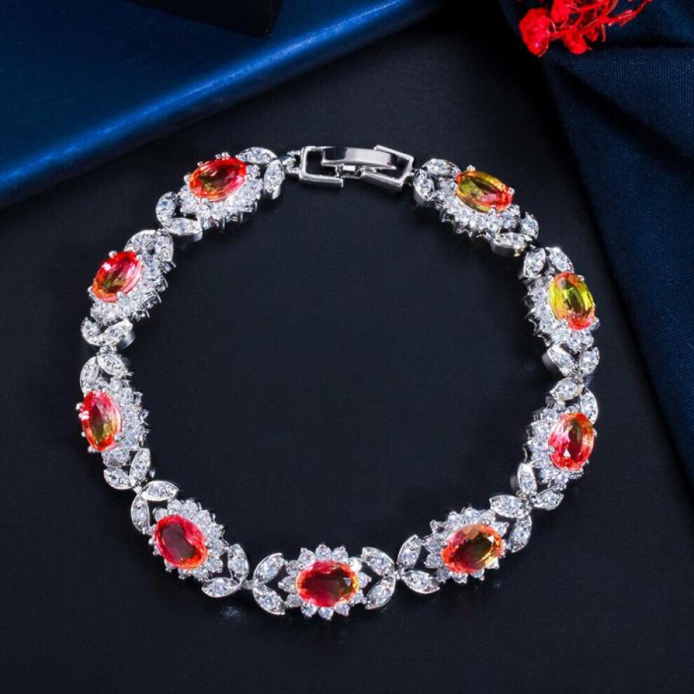 (red,yellow) Wwj Rainbow Mystical Cubic Zirconia Leaf Design Tennis Bracelet For Women