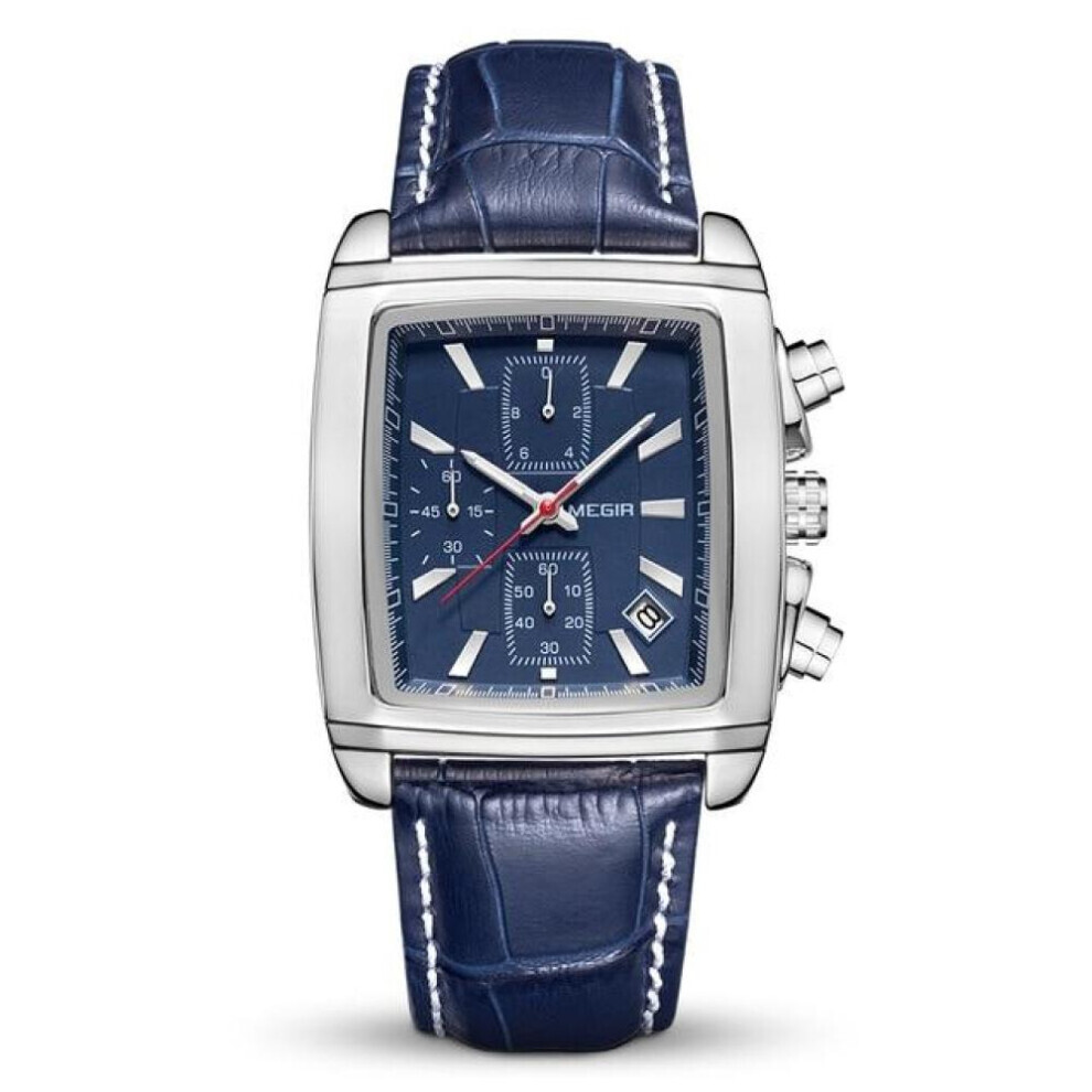 Maxpower (Blue) Megir Original Watch Men Top Brand Luxury Rectangle Quartz Military Watches Waterproof Luminous Leather Wristwatch Men Clock 2028