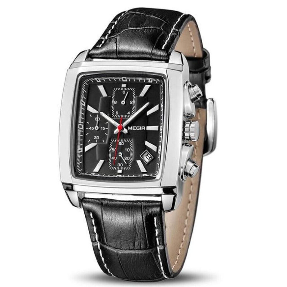 (black) Megir Original Watch Men Top Brand Luxury Rectangle Quartz Military Watches Waterproof Luminous Leather Wristwatch Men Clock 2028