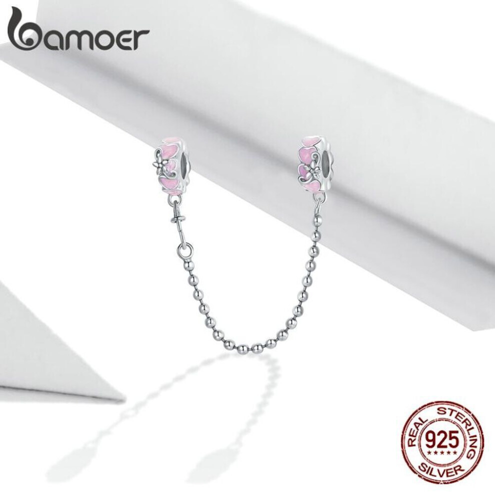 Maxpower (Silver) Bamoer 925 Sterling Silver Pink Flowers Purple Glass Safety Chain For Original 3Mm Bracelets Pink,Silver,Purple