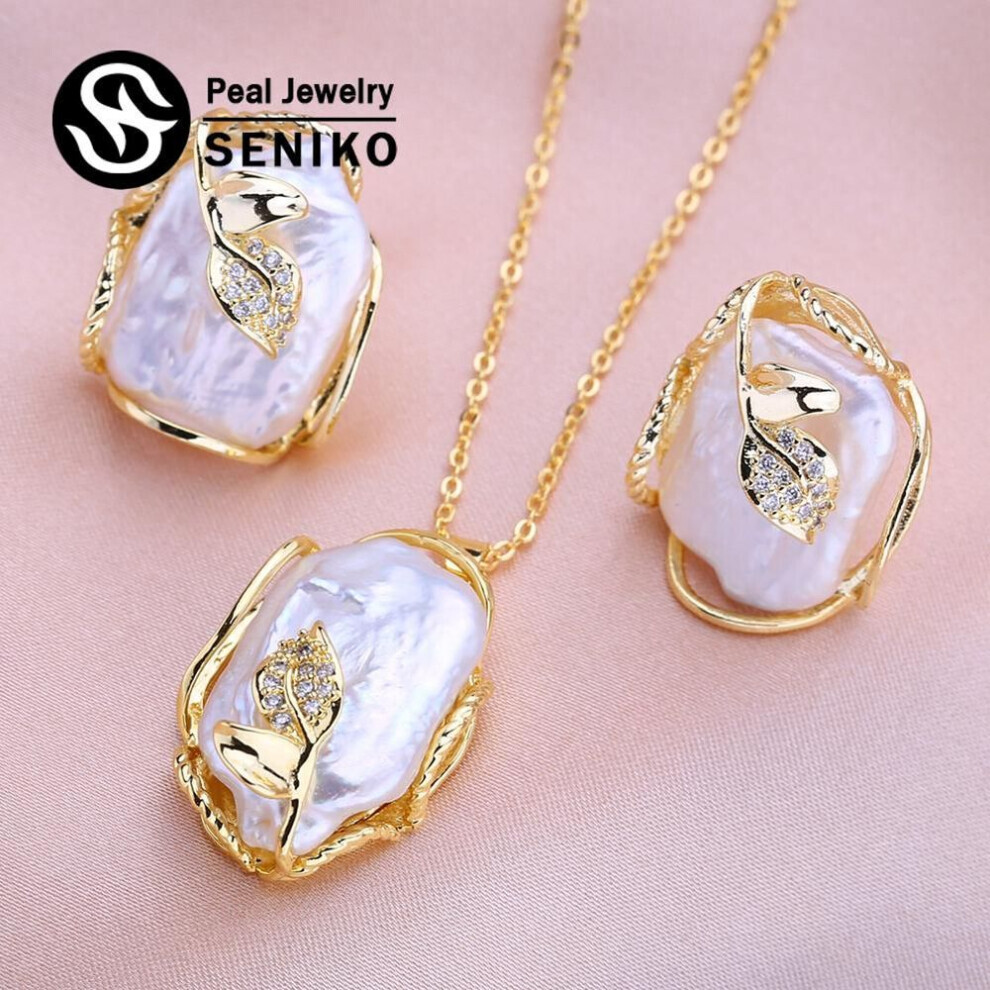 Maxpower (A) Seniko Fashion Leaf Baroque Pearl Necklace Earings Freshwater Pearl Jewelry Sets For Women Freshwater Pearl Necklace Pearl Earrings White