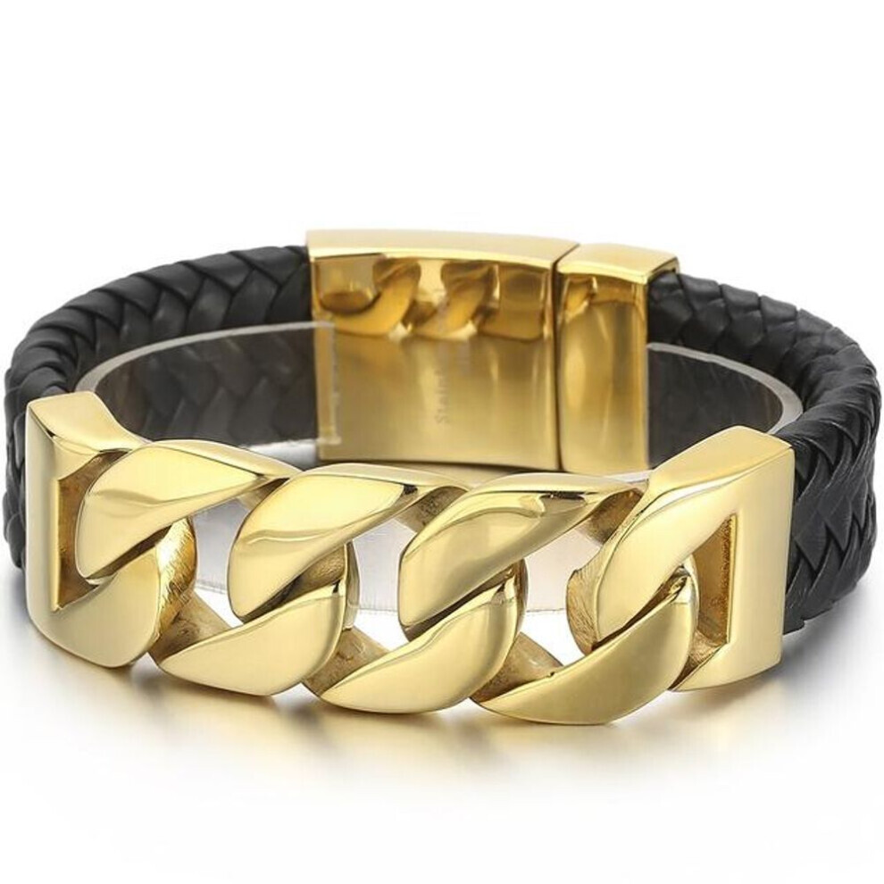 (as the picture, 23cm) Braided Leather Bracelet For Men Accessories Luxury Gold Plated Stainless Steel 24mm Curb Link Chain Man Bracelet Best Friends
