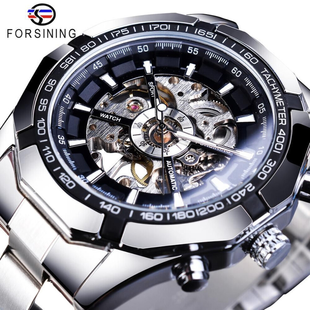 (white) Forsining Stainless Steel Waterproof Mens Skeleton Watches Top Brand Luxury Transparent Mechanical Sport Male Wrist Watches