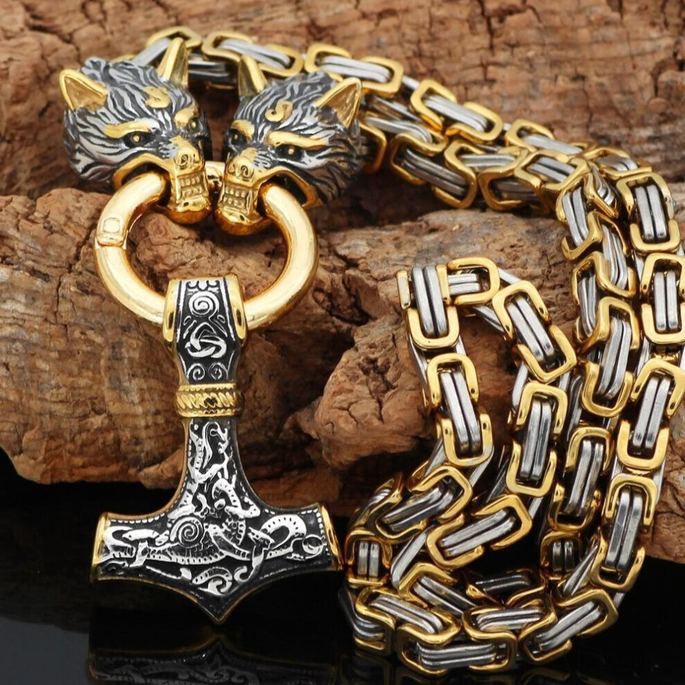 (gold, 60cm  long) Never Fade Men Stainless Steel Dragon Head Norse Amulet Thor Hammer Pendant Necklace Viking King Chain