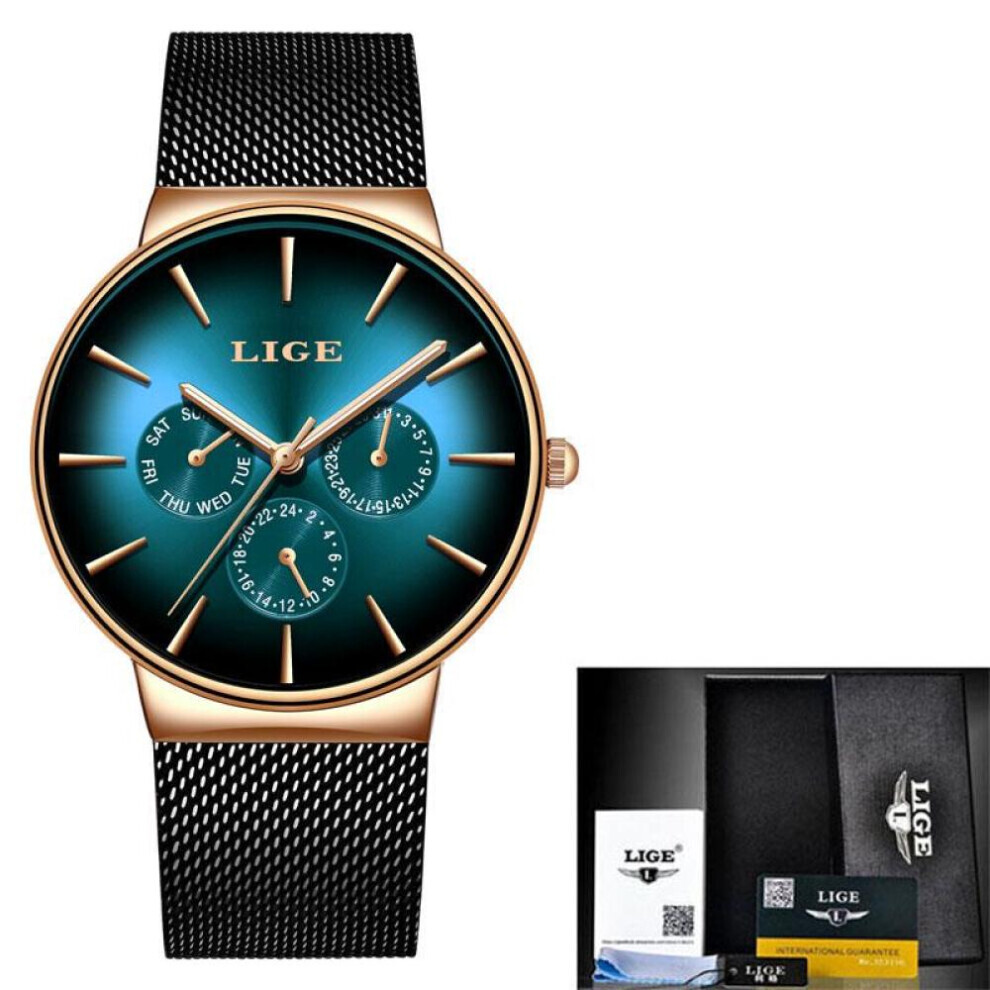 (Gold Green) Lige Casual Mesh Belt Fashion Quartz Mens Watch