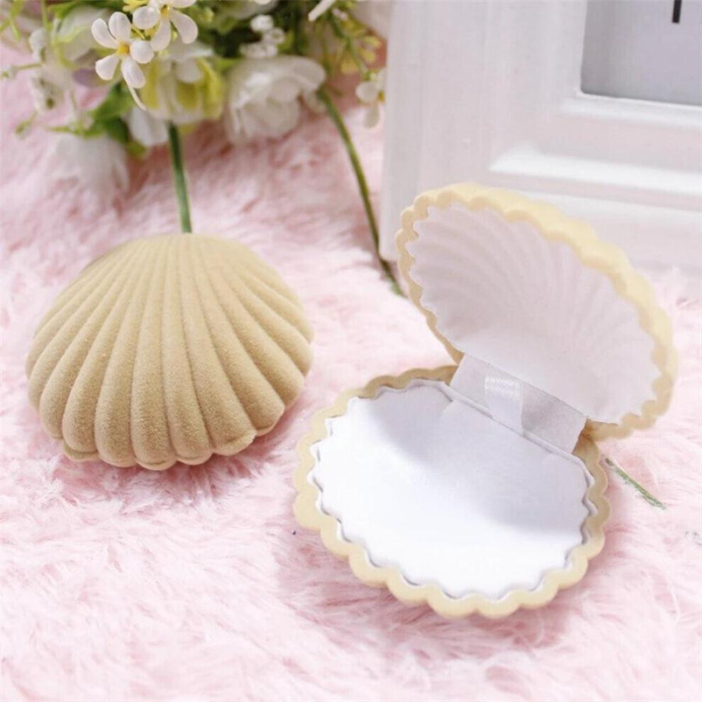 (Beige) Shell Shape Velvet Jewelry Box Wedding Engagement Ring Box for Earrings Necklace Bracelet Display Gift Box Holder Storage