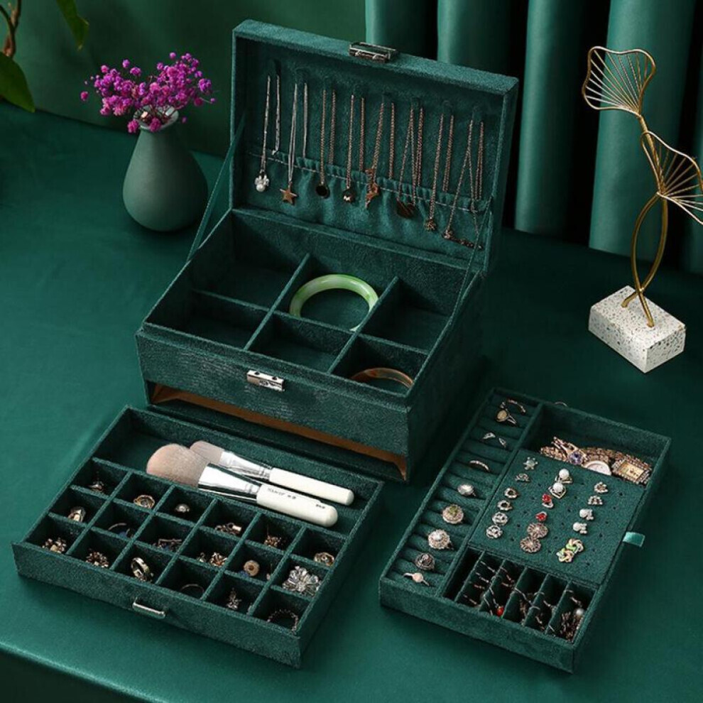 Maxpower (Green) Large 3Layers Jewellery Box Leather Finish Storage Drawer Cabinet Necklace Organizer
