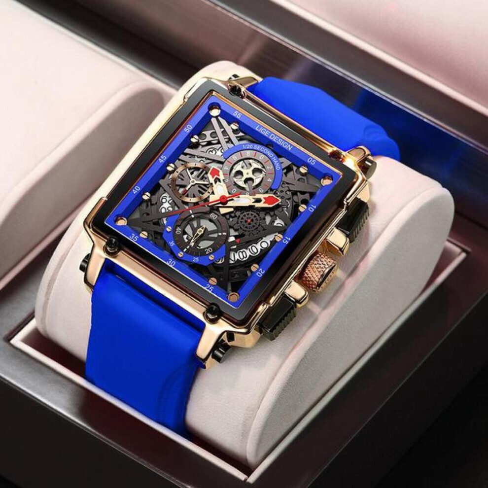 (Gold Blue) Hollow Square Mens Watches Chronograph LIGE Brand Luxury Automatic Date Men Watch Waterproof Male Wristwatches