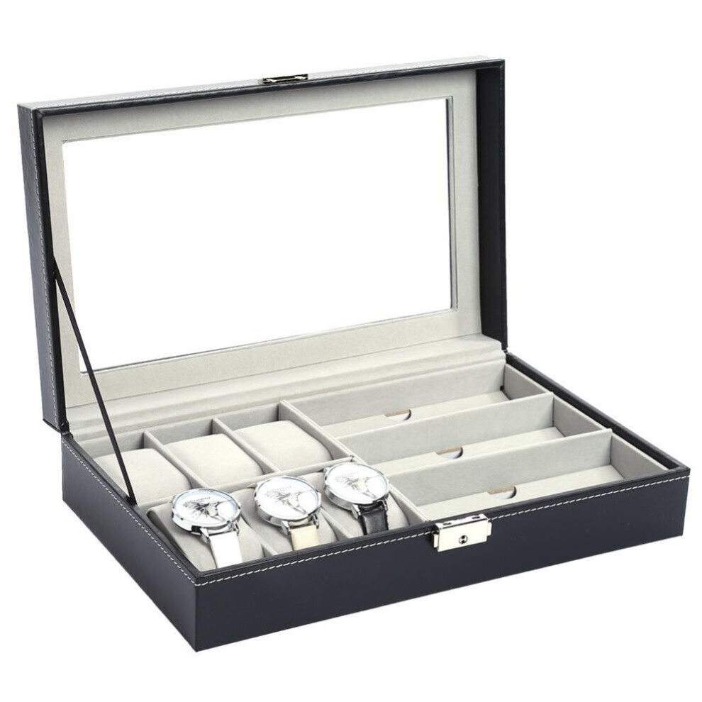 Maxpower (Grey) Grids Pu Leather/Carbon Fiber Watch Box Case Sunglasses Organizer Jewelry Collection Storage Display Container Holder Grey